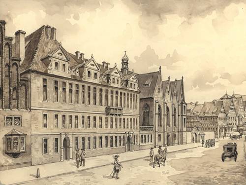 Leineschloss und Schlosskirche um 1650, Sepiafarbene aquarellierte Federzeichnung von Karl Hapke (1876-1955)